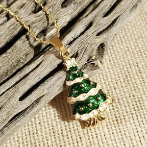 Christmas Tree Green White Gold Enamel Holiday Pendant Necklace